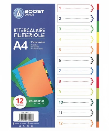Jeux de 12 Intercalaires couleurs en plastique BOOST OFFICE